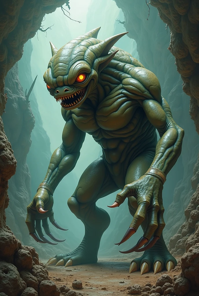 thick ass, bad-tempered hybrid creature, humanoid, lives in the darkness, whip bit,mixture of reptile and insect, humanoid, extremely long teeth