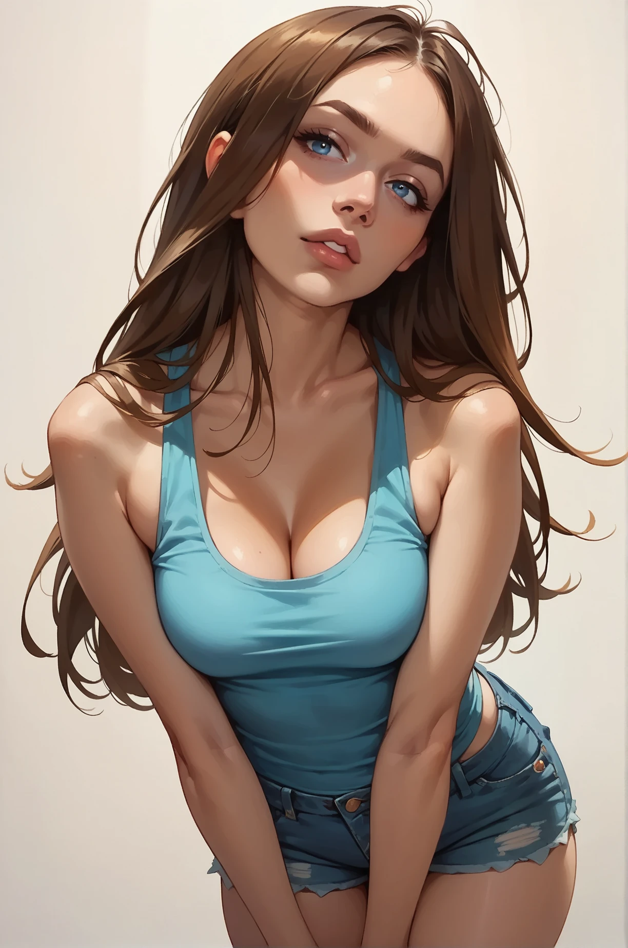 score_9, score_8_up, score_7_up, cartoon of a girl, solo, sexy, slutty, blue eyes, brown hair, long hair, straight hair, blue tank top, denim shorts, cleavage, small breast, thighs, standing, white background