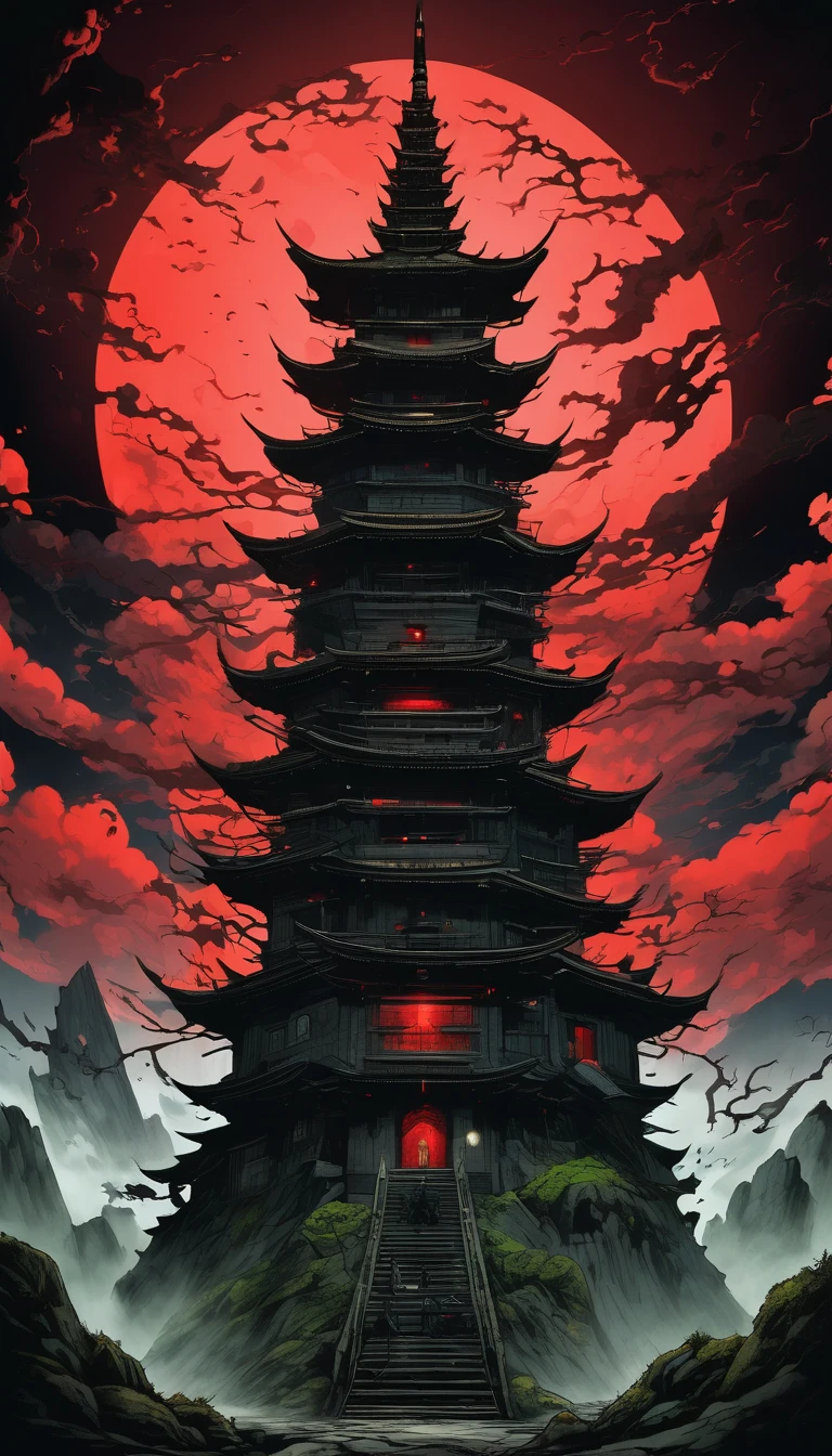 A tower made from a collection of monsters, A towering black spire emerging ominously from the ground composed of a grotesque amalgamation of unknown eerie creatures, The spire is made up of various yokai each displaying a range of emotions from joy to anger their faces contorted in fearsome expressions, The scene is set in a dark hellish landscape viewed from below to enhance the imposing and threatening nature of the tower, The blackness is the dominant color with unsettling red and green glows highlighting the yokai faces, The dark fantasy style captures the chilling and macabre essence of this infernal structure, A giant tower creepily towering in a space full of gas and odors, A jet-black tower that rises in total darkness, A tower where black is precious overall, UHD, masterpiece, accurate, retina, super detail, high details, high quality, award winning, best quality, highres, 16k