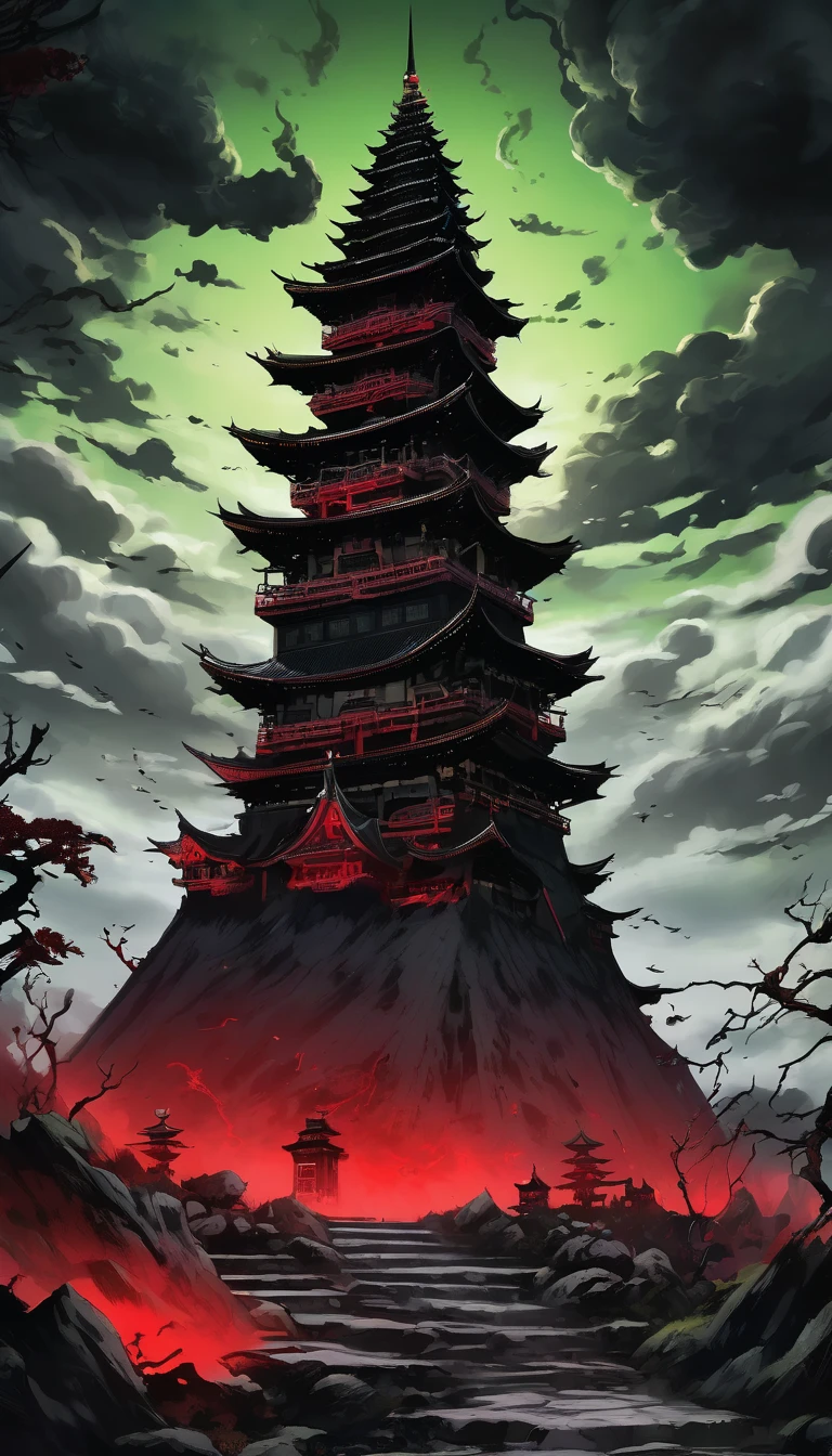 A tower made from a collection of monsters, A towering black spire emerging ominously from the ground composed of a grotesque amalgamation of unknown eerie creatures, The spire is made up of various yokai each displaying a range of emotions from joy to anger their faces contorted in fearsome expressions, The scene is set in a dark hellish landscape viewed from below to enhance the imposing and threatening nature of the tower, The blackness is the dominant color with unsettling red and green glows highlighting the yokai faces, The dark fantasy style captures the chilling and macabre essence of this infernal structure, A giant tower creepily towering in a space full of gas and odors, A jet-black tower that rises in total darkness, A tower where black is precious overall, UHD, masterpiece, accurate, retina, super detail, high details, high quality, award winning, best quality, highres, 16k