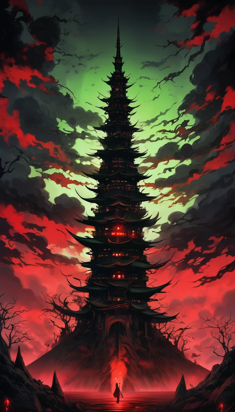 A tower made from a collection of monsters, A towering black spire emerging ominously from the ground composed of a grotesque amalgamation of unknown eerie creatures, The spire is made up of various yokai each displaying a range of emotions from joy to anger their faces contorted in fearsome expressions, The scene is set in a dark hellish landscape viewed from below to enhance the imposing and threatening nature of the tower, The blackness is the dominant color with unsettling red and green glows highlighting the yokai faces, The dark fantasy style captures the chilling and macabre essence of this infernal structure, A giant tower creepily towering in a space full of gas and odors, A jet-black tower that rises in total darkness, A tower where black is precious overall, UHD, masterpiece, accurate, retina, super detail, high details, high quality, award winning, best quality, highres, 16k