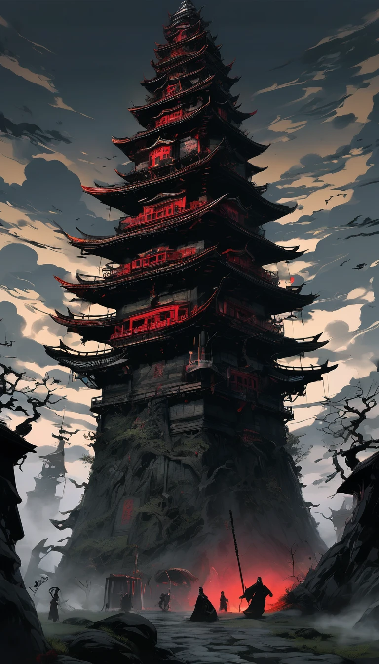 A tower made from a collection of monsters, A towering black spire emerging ominously from the ground composed of a grotesque amalgamation of unknown eerie creatures, The spire is made up of various yokai each displaying a range of emotions from joy to anger their faces contorted in fearsome expressions, The scene is set in a dark hellish landscape viewed from below to enhance the imposing and threatening nature of the tower, The blackness is the dominant color with unsettling red and green glows highlighting the yokai faces, The dark fantasy style captures the chilling and macabre essence of this infernal structure, A giant tower creepily towering in a space full of gas and odors, A jet-black tower that rises in total darkness, A tower where black is precious overall, UHD, masterpiece, accurate, retina, super detail, high details, high quality, award winning, best quality, highres, 16k