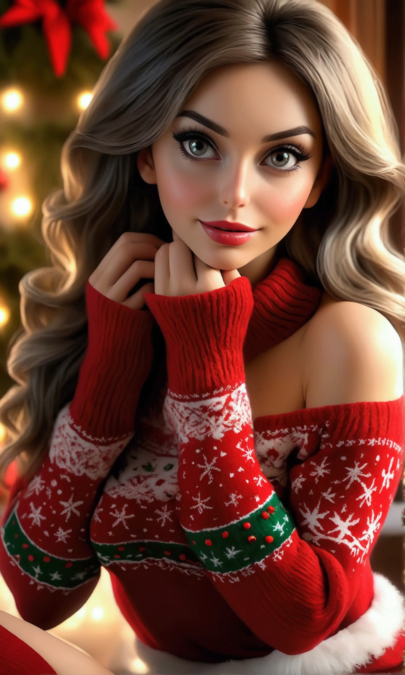 (seductive strip tease)a cute woman, beautiful detailed eyes, beautiful detailed lips, extremely detailed eyes and face, long eyelashes, 1girl, Christmas sweater, mini skirt, sexy leggings, fuzzy boots, gloves, toboggin, Christmas wonderland, (priority: she is is stripping, showing a lot of skin, maximum tease),(best quality,4k,8k,highres,masterpiece:1.2),ultra-detailed,(realistic,photorealistic,photo-realistic:1.37),vibrant colors,cinematic lighting,whimsical,magical,fantasy, sultry, teasing, taking it off
