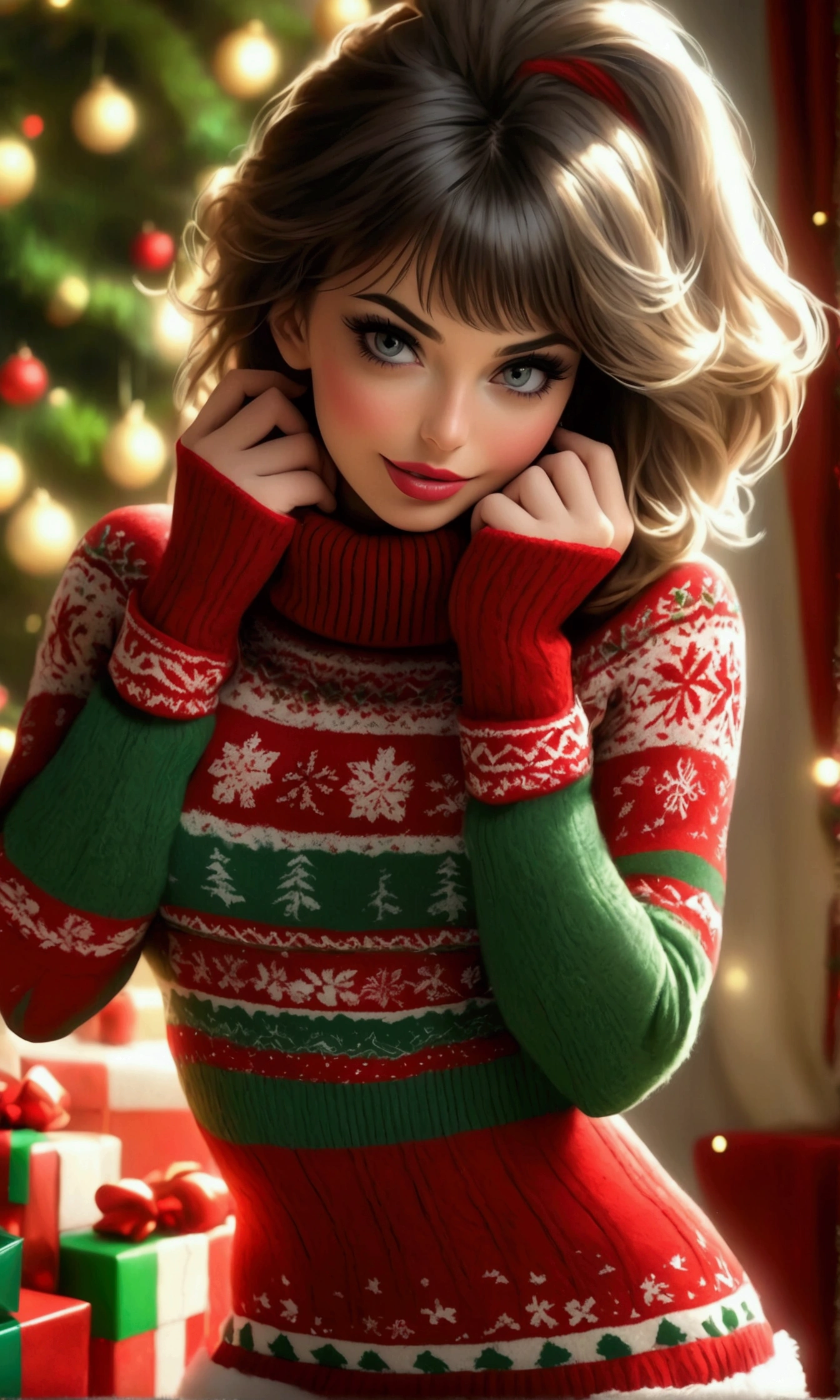 (seductive strip tease)a cute woman, beautiful detailed eyes, beautiful detailed lips, extremely detailed eyes and face, long eyelashes, 1girl, Christmas sweater, mini skirt, sexy leggings, fuzzy boots, gloves, toboggin, Christmas wonderland, (priority: she is is stripping, showing a lot of skin, maximum tease),(best quality,4k,8k,highres,masterpiece:1.2),ultra-detailed,(realistic,photorealistic,photo-realistic:1.37),vibrant colors,cinematic lighting,whimsical,magical,fantasy, sultry, teasing, taking it off
