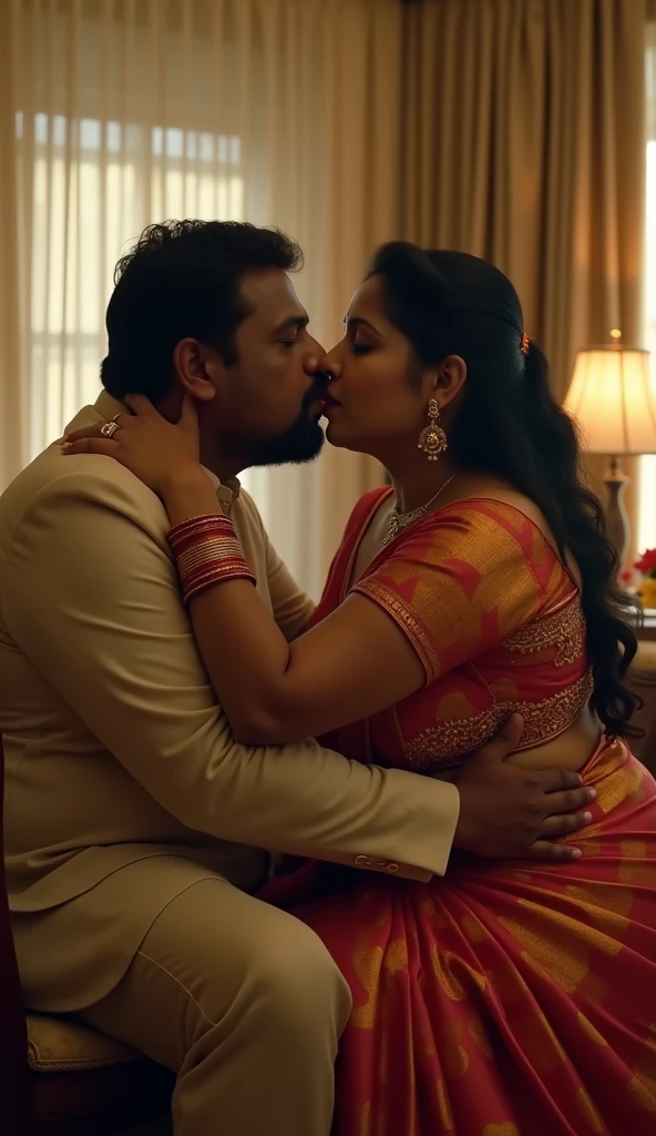 A radiant, full-figured South Indian plus-sized 30 year old teacher wearing a cream silky saree tenderly hugging and kissing a jubilant 20-year-old man in a living room, captured in a full-body image with vibrant hues and meticulous details.