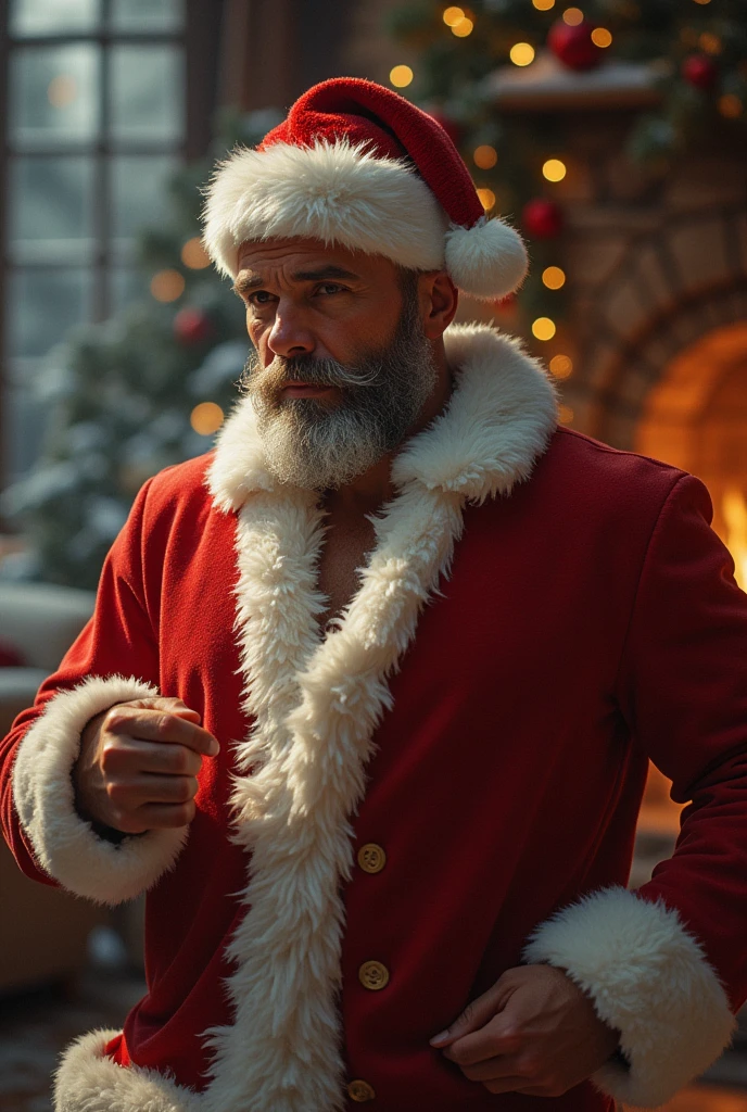 A handsome man dressed as Santa Claus naked
