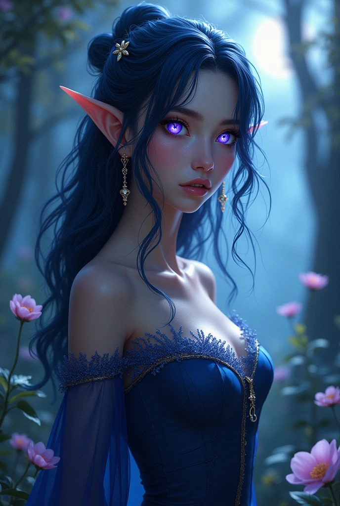 create a sorceress elf with black wavy hair, who has an amulet and wears purple accessories, that has dunes on its body and lilac eyes, at a forest