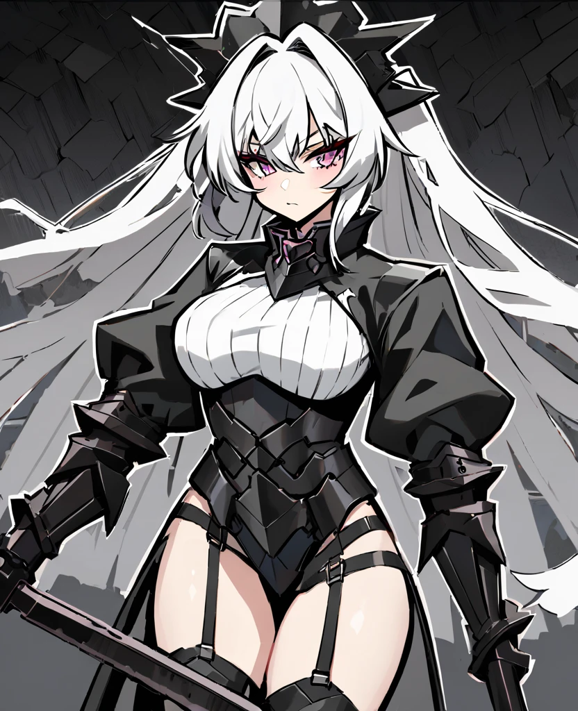 score_9, score_8_up, source_アニメ,blunt bangs,ponytail,Yellow Eyes,Gray Hair,very Big Breasts,((1girl)),White background,areola,oiled skin,sharp eye,,shiny skin,white background,Erect nipples,High heels,shiny skin,Estrus,empty eye,corset,gloves,front view,corset,Gothic,Expressionless,slingshot swimsuit,mini skirt