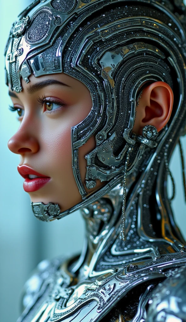 ((top-quality)), ((​masterpiece)), (detaileds:1.4), 3D, Beautiful Cyberpunk Woman Image,HDR(HighDynamicRange),Ray traching,NVIDIA RTX,Hyper-Resolution,Unreal 5,sub-surface Scattering,PBR Texturing,Postprocess,Anisotropy Filtering,depth of fields,Maximum clarity and sharpness,multi-layer texture,Albedo and specular maps,Surface Shading,Accurate simulation of light-material interactions,perfectly proportions,Octane Rendering,Two-tone lighting,Wide aperture,Low ISO,White Balance,thirds rule,8K RAW,Circuit Board AI,Silver Body、Metallic body