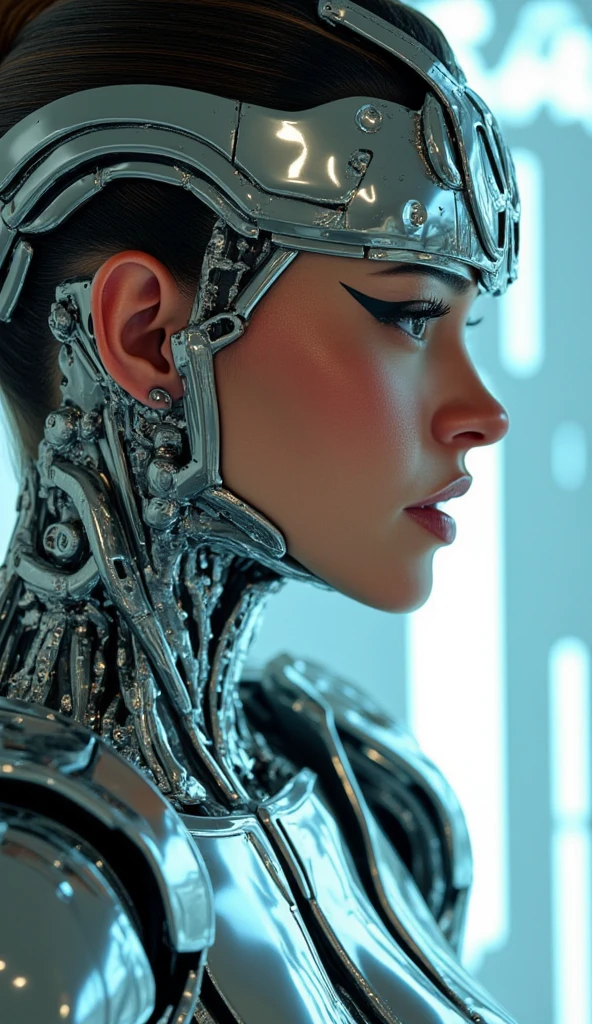 ((top-quality)), ((​masterpiece)), (detaileds:1.4), 3D, Beautiful Cyberpunk Woman Image,HDR(HighDynamicRange),Ray traching,NVIDIA RTX,Hyper-Resolution,Unreal 5,sub-surface Scattering,PBR Texturing,Postprocess,Anisotropy Filtering,depth of fields,Maximum clarity and sharpness,multi-layer texture,Albedo and specular maps,Surface Shading,Accurate simulation of light-material interactions,perfectly proportions,Octane Rendering,Two-tone lighting,Wide aperture,Low ISO,White Balance,thirds rule,8K RAW,Circuit Board AI,Silver Body、Metallic body