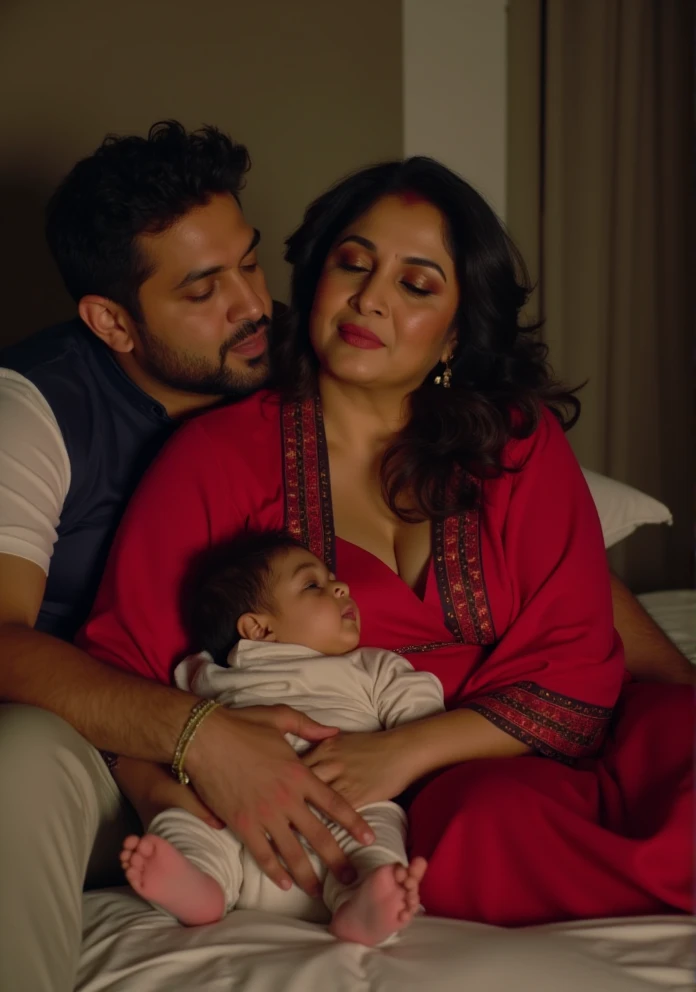 Photo of a Voluptuous Mature Indian Aunty (50 Year Old) having Dusky skin, Wearing a Tight Red Kurti with Black Stole around her neck, Large U Cut Cleavage exposed, Sitting on Bed holding her Baby and KISSING A YOUNG MAN on his Lips sitting beside, Wide Shot, Dim light in the room.