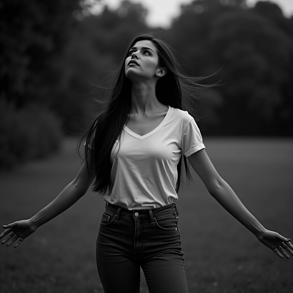  British surreal black and white ,  young Russian women , very tall ,  beautiful deadly charm ,  long black hair smooth flying in the wind,  white t-shirt , jeans,  neck to the sky ,  2 arms wide open to the wind .  Night park scene .