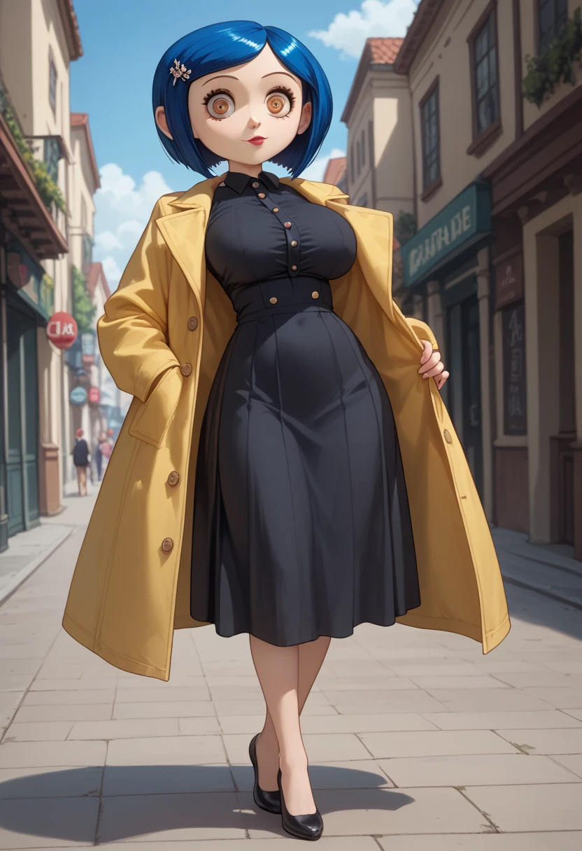 Coraline whit big eyes, button eyes, Anime Style,High image quality,masterpiece,Anime Style, big tits sexy, full body sexy, black small dress, , big tits, underview sexy, bit tits sexy, huge tits, big breast, yellow coat, blue hair 