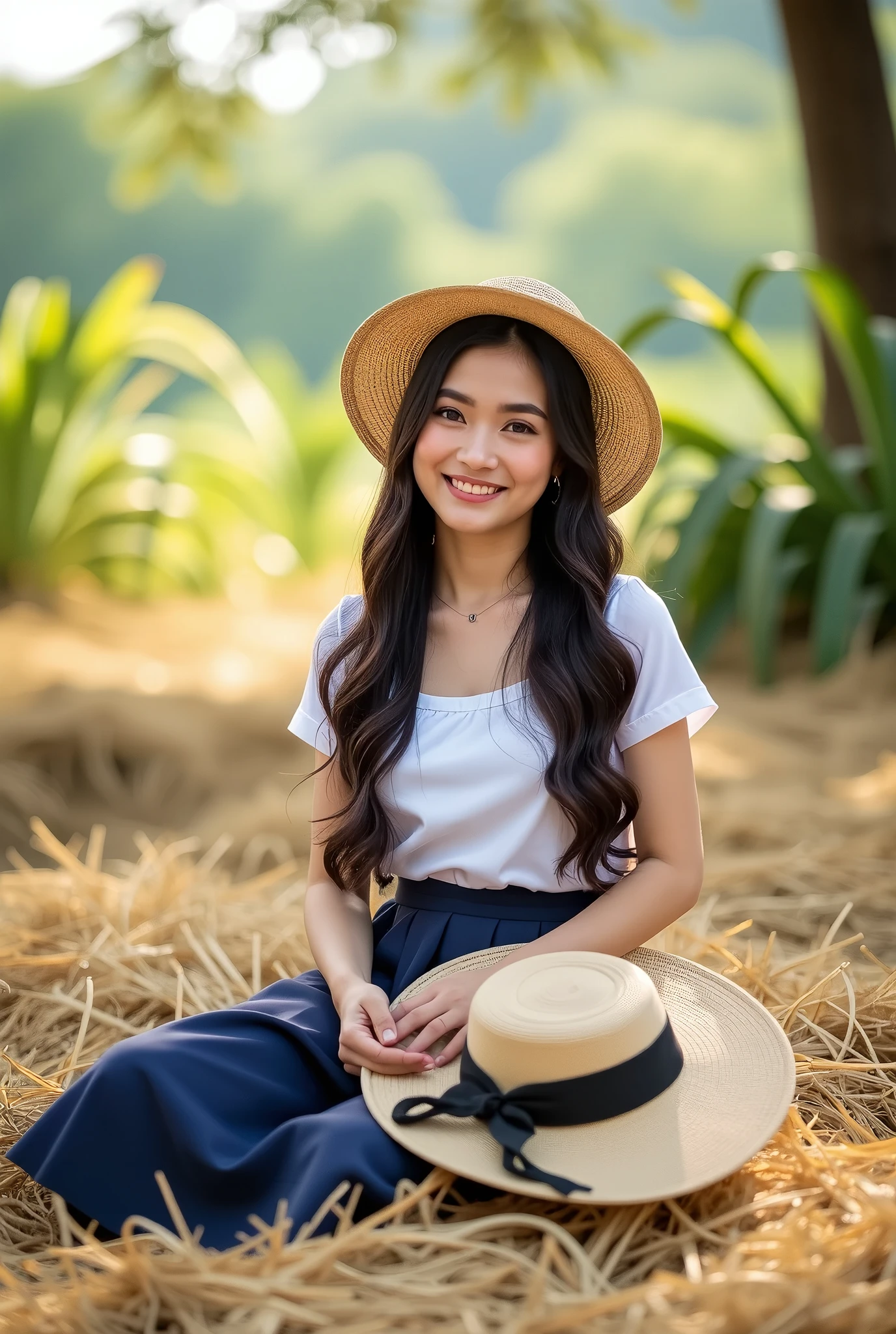 A beautiful young woman wearing traditional Thai clothing (sabai and sarong), sitting gracefully on a bed of golden hay. She holds a woven farmer's hat, and her long, flowing dark hair cascades naturally down her shoulders. The setting is a peaceful rural farm, surrounded by golden straw and soft sunlight filtering through the trees. The woman has a joyful and serene expression, exuding natural beauty and traditional elegance. The lighting is soft and warm, capturing the rustic countryside atmosphere.