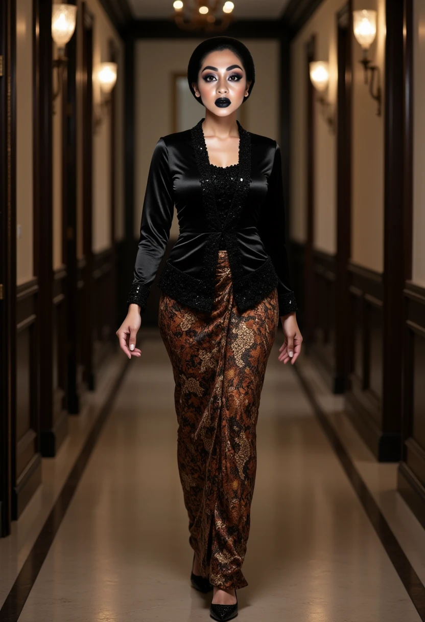 An elegant woman walks in an indoor setting, she wearing a luxury satin sequined black Javanese kebaya with batik skirt, neatly hair bun Javanese style. She has flawless, smooth skin and delicate facial features, including flawless bold makeup with gothic glamour look. large breasts, slim waist, wide hip. wearing sequined luxury high heels, The image is highly realistic with soft lighting and sharp focus on the her person