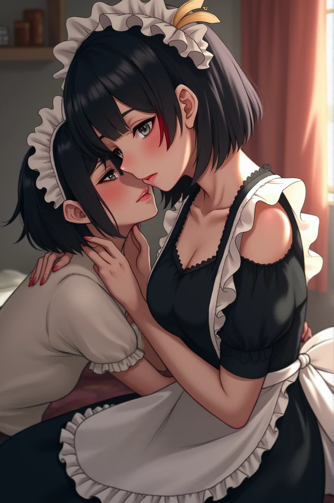 (masterpiece, best quality, highres, super detail illustration), nsfw, maid clothes, small beats, cum, fellatio, spread legs pose, back on bed, pussy, bottomless, penis,