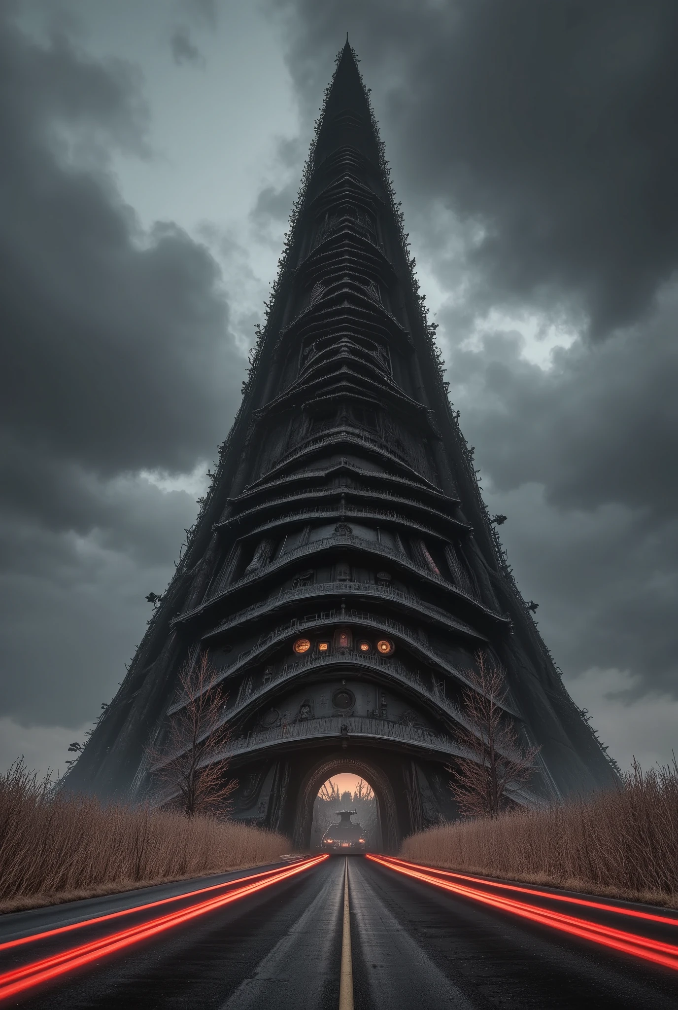 Dark tower, pitch black spiral cone, ominous tower, dark fantasy, ultra detailed, absolutely resolution, masterpiece