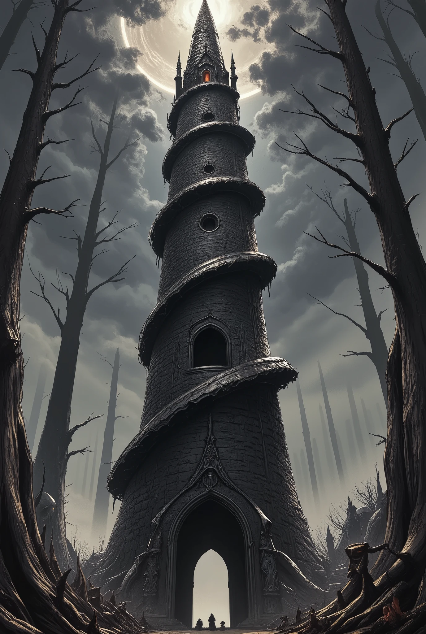 Dark tower, pitch black spiral cone, ominous tower, dark fantasy, ultra detailed, absolutely resolution, masterpiece