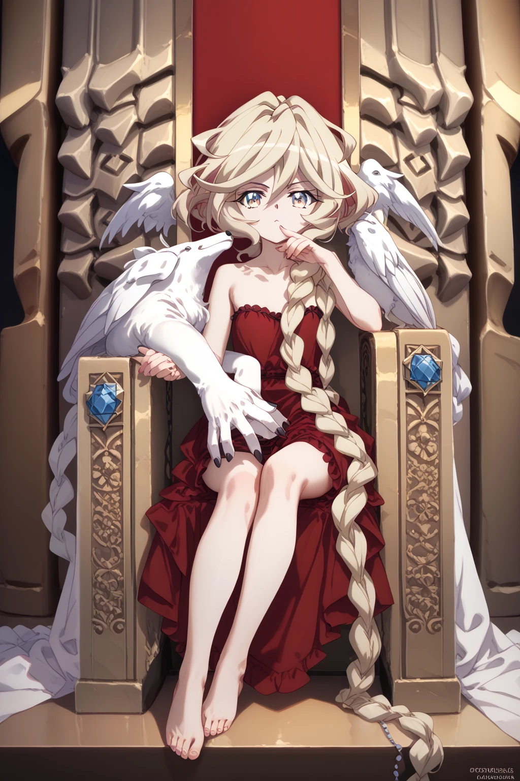 (Carol Malus Dienheim,symphogear),(braid long blondhair),One Girl,Pale skin,naked,(full length),Five fingers,Perfect hands,Masterpiece,cool winered one-piece dress,sitting on the throne,