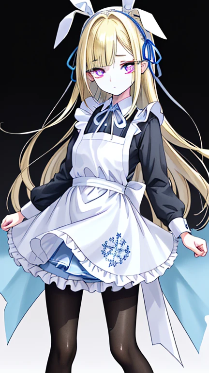 wearing white apron on light blue short skirt dress, wearing light blue short skirt dress,""wearing ribbon like black bunny ear"", "Bunny ear ribbon" is generally refers to ribbons or decorations that resemble bunny ears, and are especially popular as character and fashion items. wearing loafers, wearing white tights, sky bule eyes, blonde hair, crossed bangs, long hair, mole under eye, mismatched pupils, sleepy, expressionless, anime, anime style, move chart, UHD, retina, masterpiece, accurate, anatomically correct, super detail, high details, high quality, best quality, highres, 1080P, 16k, HD