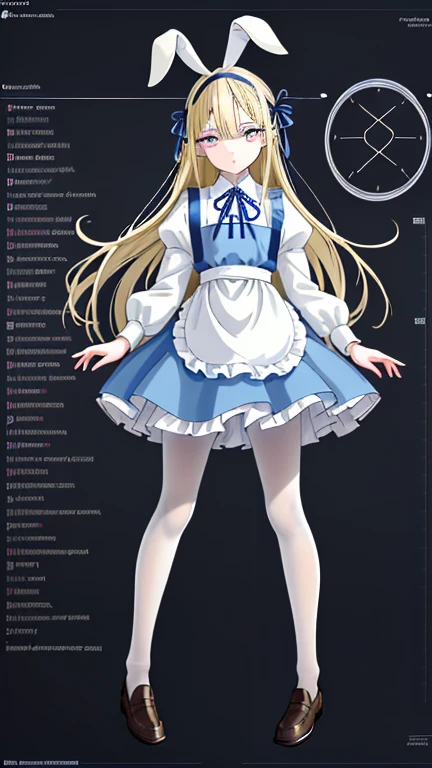 wearing white apron on light blue short skirt dress, wearing light blue short skirt dress,""wearing ribbon like black bunny ear"", "Bunny ear ribbon" is generally refers to ribbons or decorations that resemble bunny ears, and are especially popular as character and fashion items. wearing loafers, wearing white tights, sky bule eyes, blonde hair, crossed bangs, long hair, mole under eye, mismatched pupils, sleepy, expressionless, anime, anime style, move chart, UHD, retina, masterpiece, accurate, anatomically correct, super detail, high details, high quality, best quality, highres, 1080P, 16k, HD