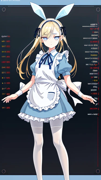 wearing white apron on light blue short skirt dress, wearing light blue short skirt dress,""wearing ribbon like black bunny ear"", "Bunny ear ribbon" is generally refers to ribbons or decorations that resemble bunny ears, and are especially popular as character and fashion items. wearing loafers, wearing white tights, sky bule eyes, blonde hair, crossed bangs, long hair, mole under eye, mismatched pupils, sleepy, expressionless, anime, anime style, move chart, UHD, retina, masterpiece, accurate, anatomically correct, super detail, high details, high quality, best quality, highres, 1080P, 16k, HD