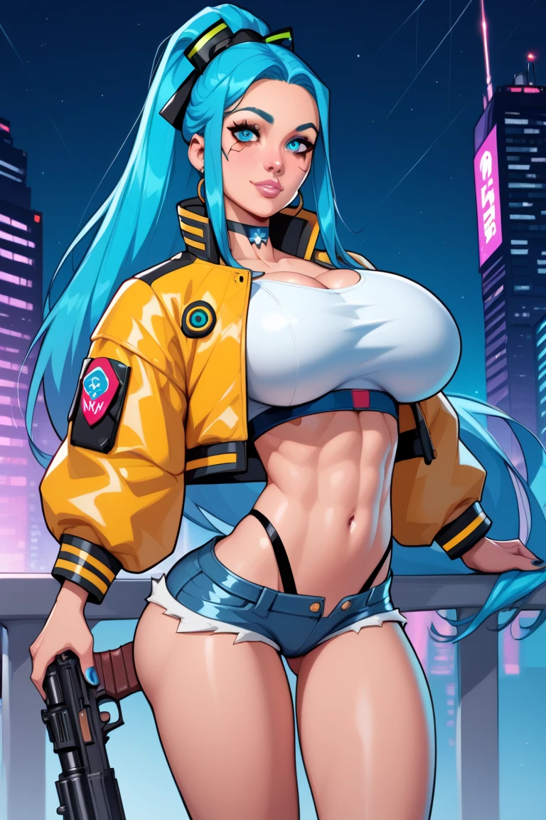 ((Highest quality)), ((young girl:1.5)), 18 year old, petite young gymnast, huge round breasts, ((skinny, skinny tight ass, thigh gap)), cyberpunk mercenary, futuristic armor, cropped flak jacket, micro shorts, large machine gun, blue hair in a very long ponytail tide up with a ribbon, facing viewer, sweet and alluring innocent, ((aroused expression)), cyberpunk cityscape at night