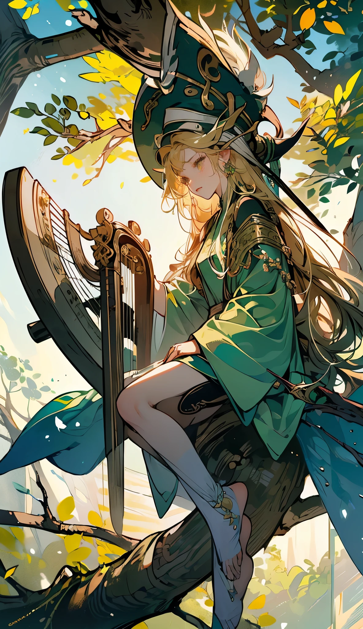 masterpiece, best quality, 1girl, neon golden eyes, long hair, fringe, Long chop, A bard girl, touching harp, relaxed pose, random pose, green robes, Long feather in the hat , ((( in profile lying on a tree,  with her bard's hat falling over her face))), full body, Alone