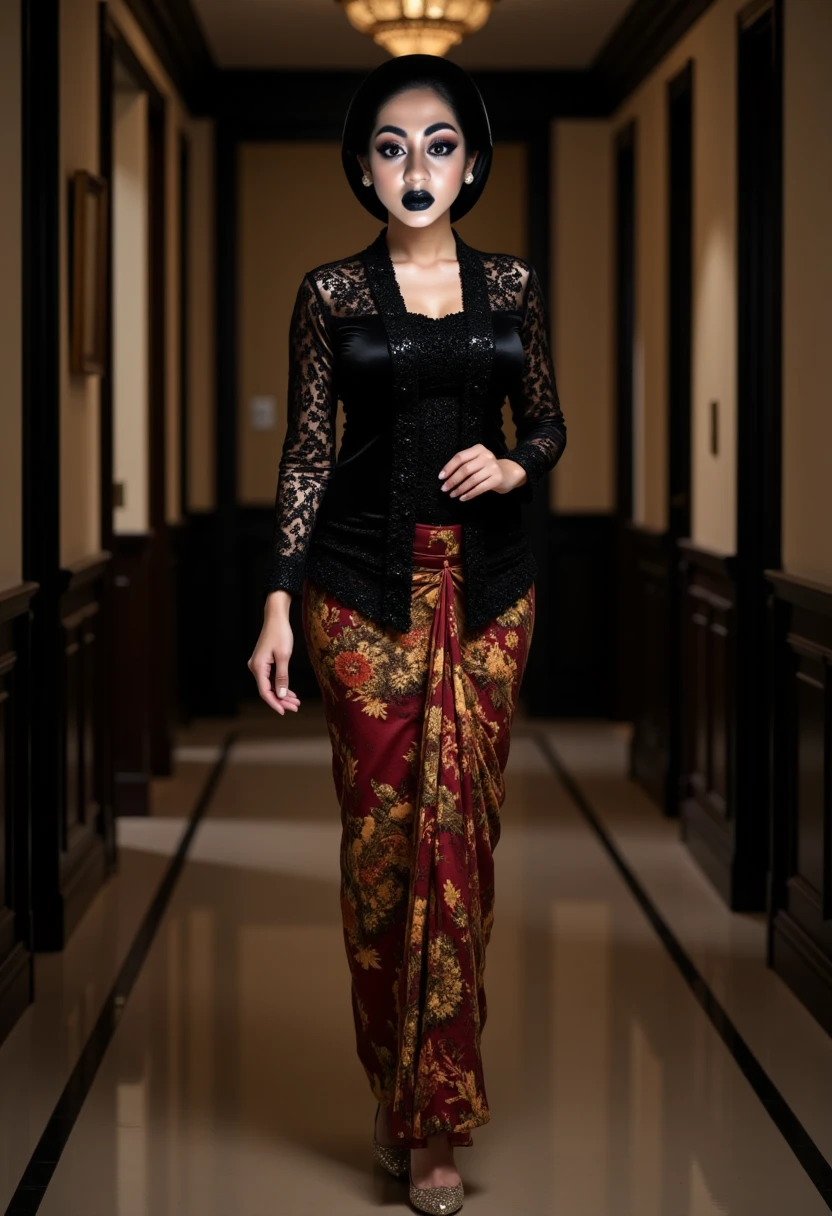 An elegant woman walks in an indoor setting, she wearing a luxury lace sequined black javanese kebaya with batik skirt, neatly hair bun javanese style. She has flawless, smooth skin and delicate facial features, including flawless bold makeup with gothic glamour look. large breasts, slim waist, wide hip.wearing sequined luxury high heels, The image is highly realistic with soft lighting and sharp focus on the her person