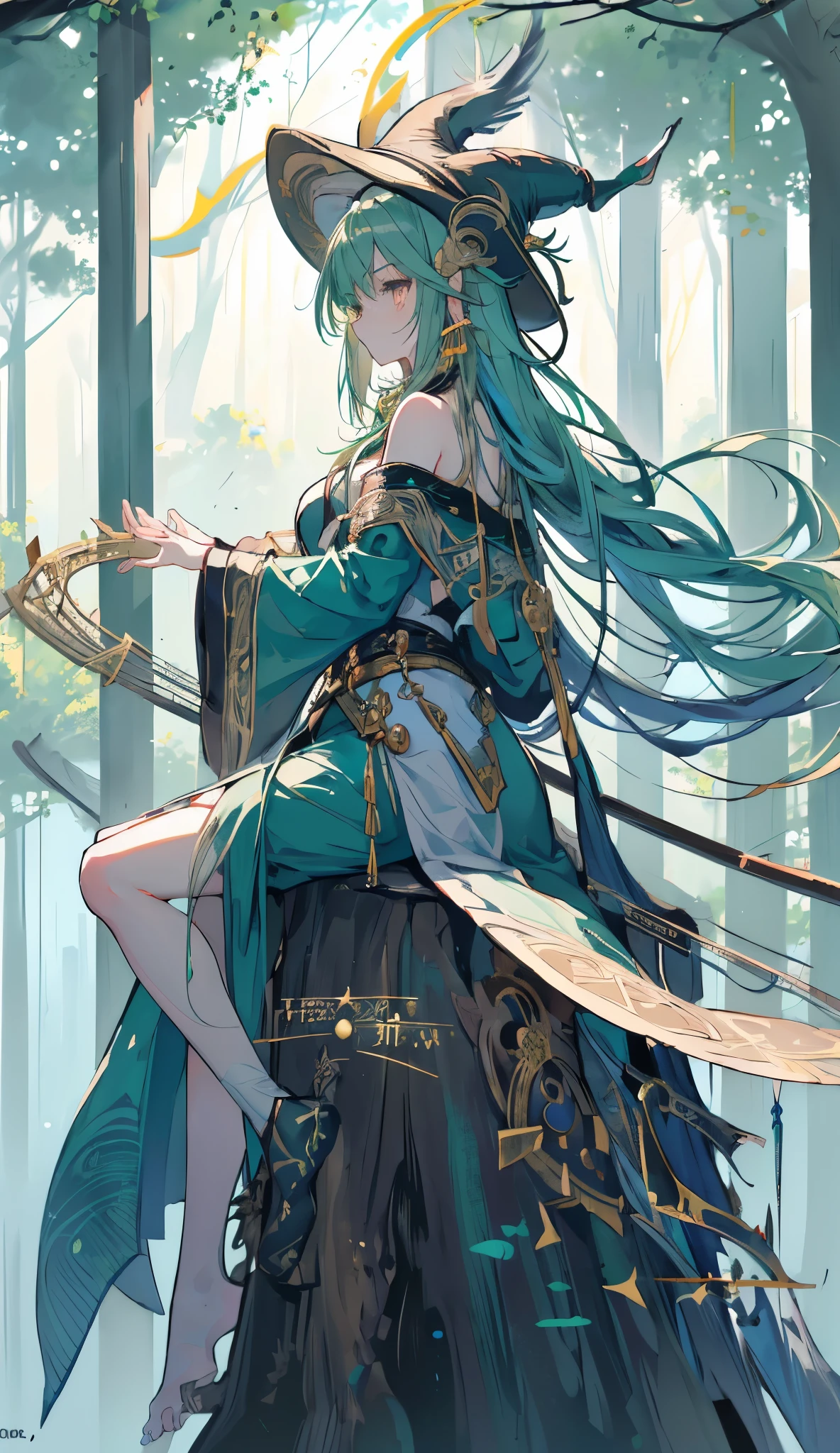 masterpiece, best quality, 1girl, neon golden eyes, long hair, fringe, Long chop, A bard girl, touching harp, relaxed pose, random pose, green robes, Long feather in the hat , (((In profile lying at the foot of a tree,  with her bard's hat falling over her face))), full body, Alone