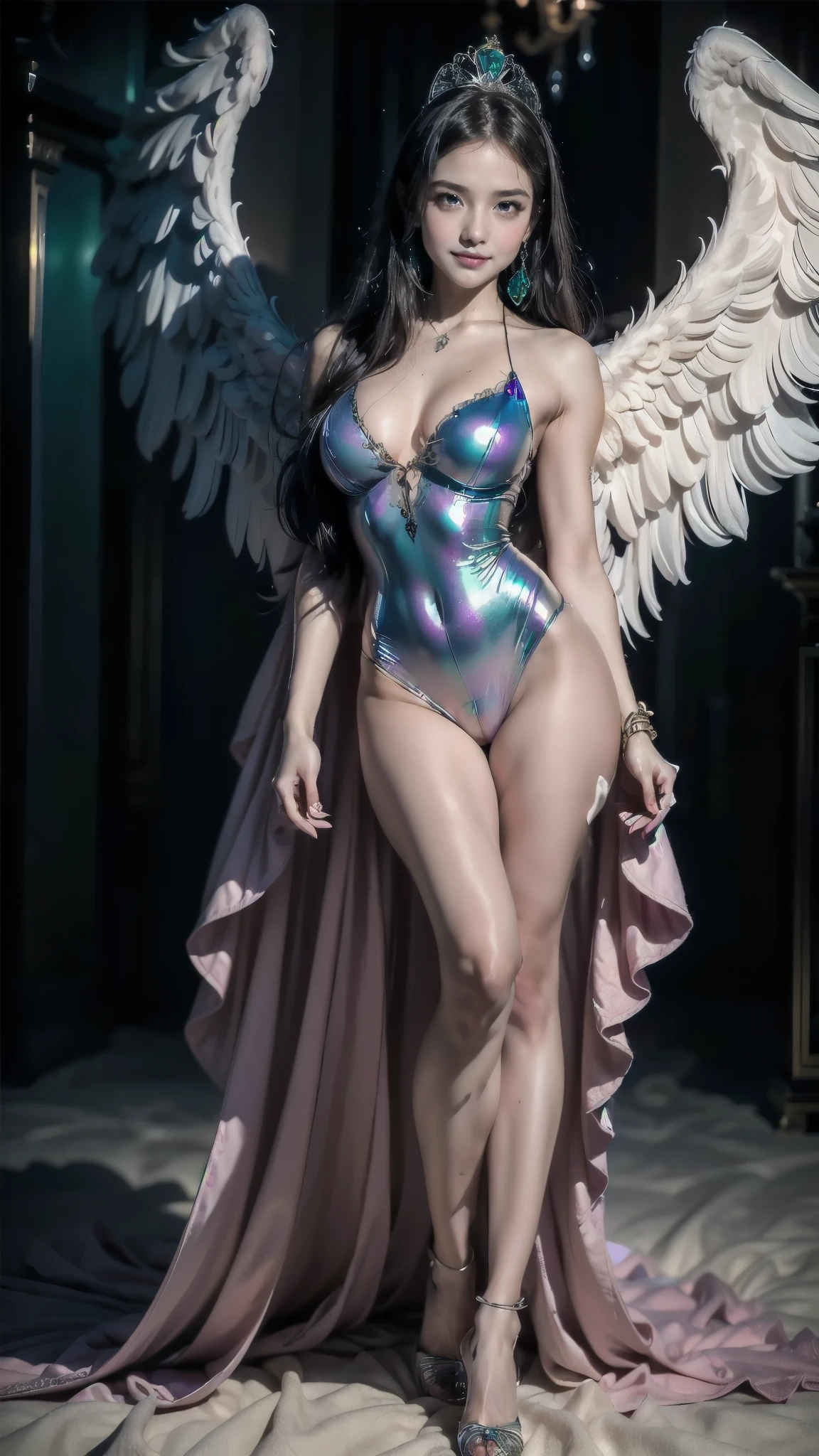A young 15- yr old native European girl with lovely charminvg face,( brown skin texture masterpiece), (perfect full body detailed anatomy), (Super accessories detailed), (meditating ), (perfect detailed glowing bright eyes),(short  illuminating green crystalized hair)，((expose big hard erect nipples))(( exposed panty ))(legs wide open showing pussy line)(( Wearing transparent illuminating costume of an angel))，holding a treasure swords (( illuminating different lights covering the sorrounding atmosphere)) Has beautiful large white wings, The character solemnly praying 