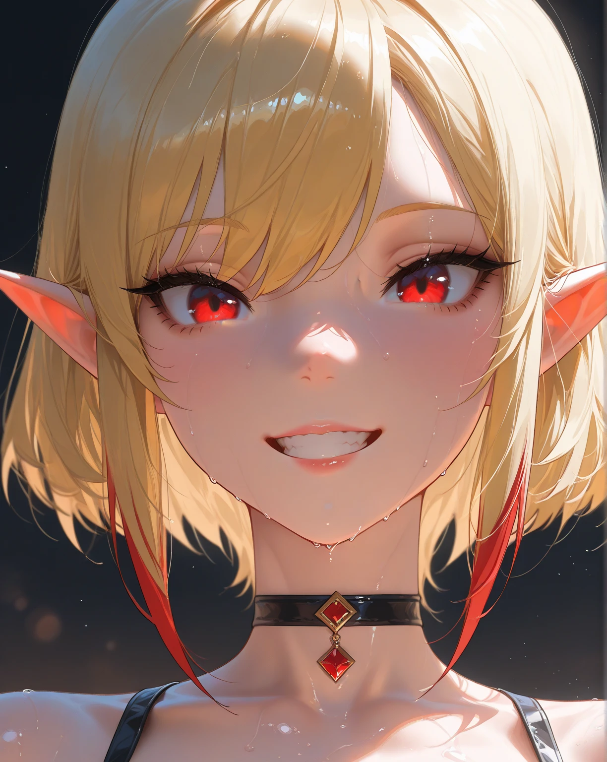 ultra-detailed, full-length, 1girl:1.4, solo, elf, elf ears, (beautiful face), portrait:1.43, (focusing on face), detailed eyes, (Ideal body proportions), ((Composition from head to thigh)), black bikini suit, Drenched shortcut blond hair, (scarlet clear red eyes, tsurime), The erection, Carmelto, Sexy body, grin smile, short-hair, blond hair with burgundy tips of hair, burgundy ends of hair, shiny skin, oiled skin, slenderness, Small buttocks, Beautiful legs, Skinny Legs, One-person viewpoint, masterpiece, ((Anatomically correct)), (portrait:1.4), (((close-up))), (focusing on eyes)