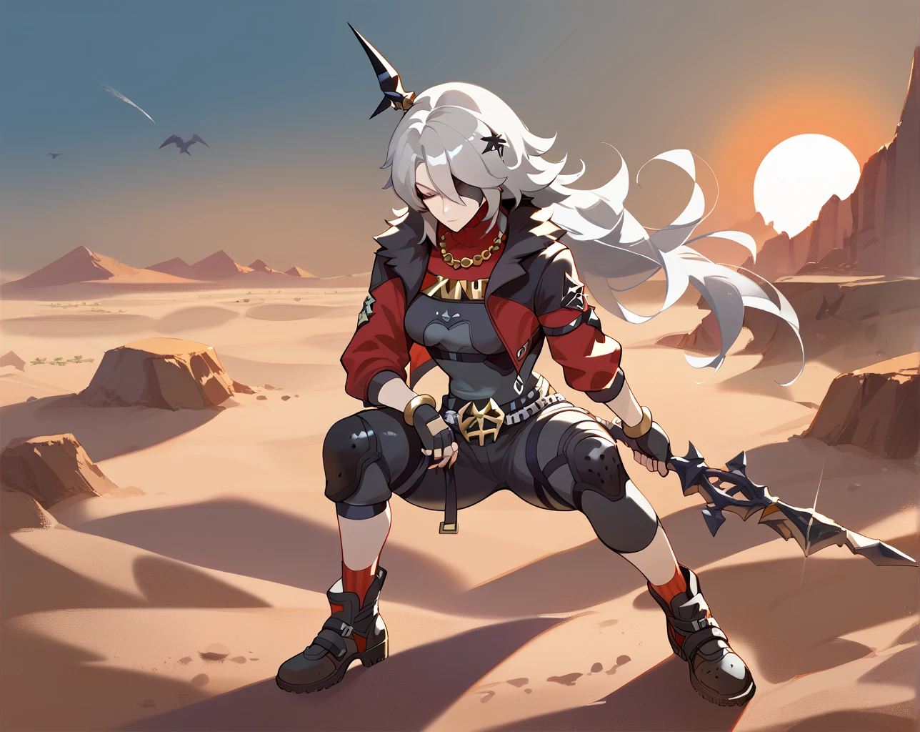 Caesar King (Zenless Zone Zero), medium long hair, gray hair, desert, sunset