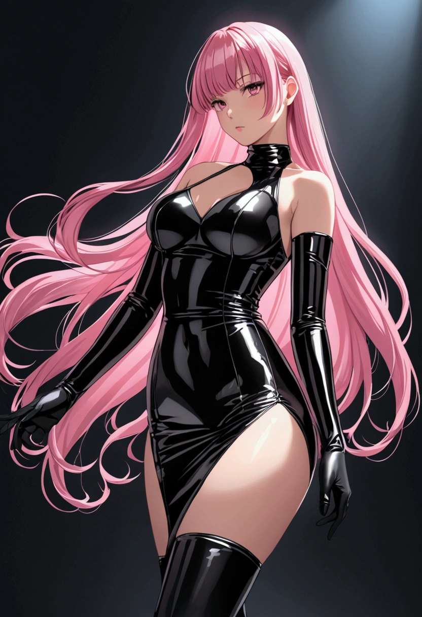 photorealistic, high resolution, soft light, 1women, solo, hips up, dynamic pose, shining skin, jewelry, tattoo, facial mark, fox ears, huge breasts, ah4, pink hair, hair ribbon, thick thighs, gantz black suit, thick suit, latex, cyber suit