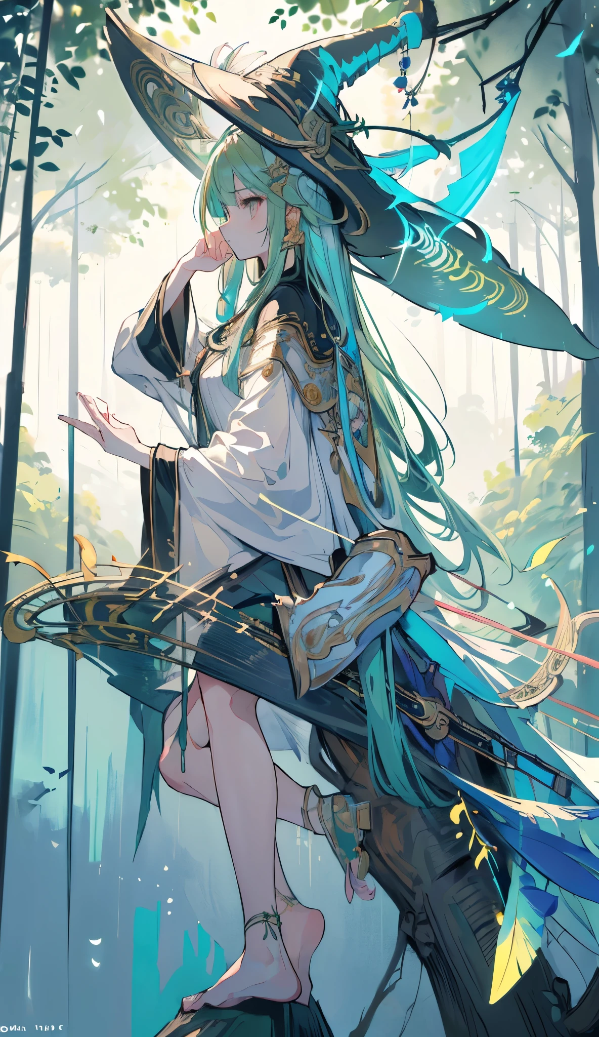 masterpiece, best quality, 1girl, neon golden eyes, long hair, fringe, Long chop, A bard girl, touching harp, relaxed pose, random pose, green robes, Long feather in the hat , (((In profile lying at the foot of a tree,  with her bard's hat falling over her face))), full body, Alone