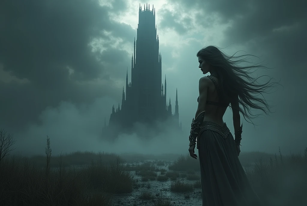 ((Masterpiece, top quality, high resolution, highly detailed CG unified 8K wallpaper)), (huge stunning goddess shot, very hot and sexy, jaw-dropping beauty, perfect proportions, beautiful body, slim body beauty:1.3), (Dark Tower, dynamic composition), Dark Tower, An eerie tower stands in the middle of a swamp. A black mist swirls around the tower, and black clouds hang over the sky. The princess knight is about to embark on her final battle.