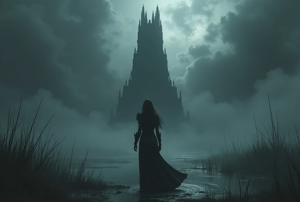 ((Masterpiece, top quality, high resolution, highly detailed CG unified 8K wallpaper)), (huge stunning goddess shot, very hot and sexy, jaw-dropping beauty, perfect proportions, beautiful body, slim body beauty:1.3), (Dark Tower, dynamic composition), Dark Tower, An eerie tower stands in the middle of a swamp. A black mist swirls around the tower, and black clouds hang over the sky. The princess knight is about to embark on her final battle.