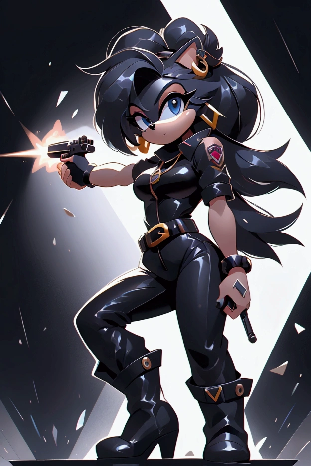 A female character with characteristics used in the IDW's Sonic universe.whole body.CHARACTERISTICS;hedgehog .spy outfit;Oshen-i,bracelet, gadget belt,necklase,earrings, leather.clothes, high boots colors are ;red and black, she has the unique ability to shape-shift into whatever she desires making her an expert in stealth and a master of disguise, her design should reflect this. Dynamic pose, holding a gun, aiming, laser 