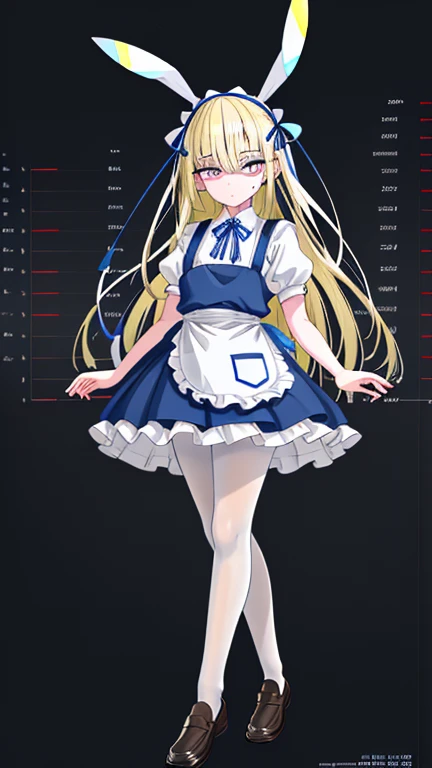 wearing white apron on light blue short skirt dress, wearing light blue short skirt dress,""wearing ribbon like black bunny ear"", "Bunny ear ribbon" is generally refers to ribbons or decorations that resemble bunny ears, and are especially popular as character and fashion items. wearing loafers, wearing white tights, sky bule eyes, blonde hair, crossed bangs, long hair, mole under eye, mismatched pupils, sleepy, expressionless, anime, anime style, move chart, UHD, retina, masterpiece, accurate, anatomically correct, super detail, high details, high quality, best quality, highres, 1080P, 16k, HD