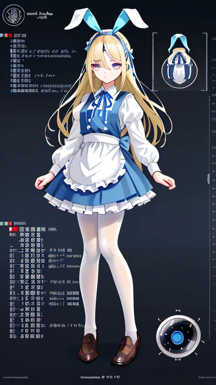 wearing white apron on light blue short skirt dress, wearing light blue short skirt dress,""wearing ribbon like black bunny ear"", "Bunny ear ribbon" is generally refers to ribbons or decorations that resemble bunny ears, and are especially popular as character and fashion items. wearing loafers, wearing white tights, sky bule eyes, blonde hair, crossed bangs, long hair, mole under eye, mismatched pupils, sleepy, expressionless, anime, anime style, move chart, UHD, retina, masterpiece, accurate, anatomically correct, super detail, high details, high quality, best quality, highres, 1080P, 16k, HD