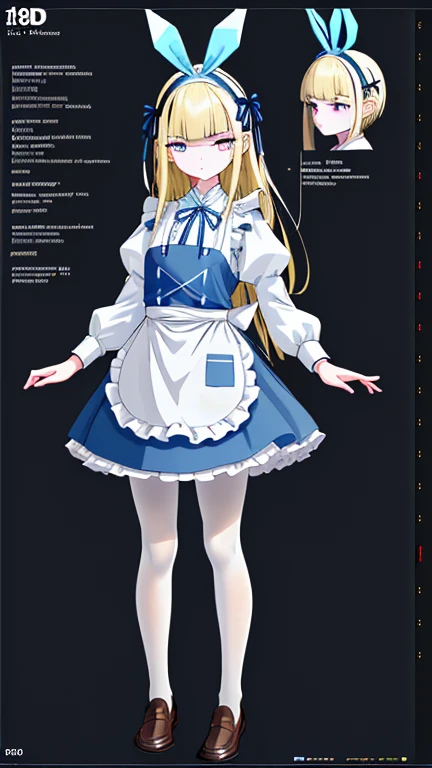 wearing white apron on light blue short skirt dress, wearing light blue short skirt dress,""wearing ribbon like black bunny ear"", "Bunny ear ribbon" is generally refers to ribbons or decorations that resemble bunny ears, and are especially popular as character and fashion items. wearing loafers, wearing white tights, sky bule eyes, blonde hair, crossed bangs, long hair, mole under eye, mismatched pupils, sleepy, expressionless, anime, anime style, move chart, UHD, retina, masterpiece, accurate, anatomically correct, super detail, high details, high quality, best quality, highres, 1080P, 16k, HD