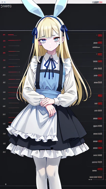 wearing white apron on light blue short skirt dress, wearing light blue short skirt dress,""wearing ribbon like black bunny ear"", "Bunny ear ribbon" is generally refers to ribbons or decorations that resemble bunny ears, and are especially popular as character and fashion items. wearing loafers, wearing white tights, sky bule eyes, blonde hair, crossed bangs, long hair, mole under eye, mismatched pupils, sleepy, expressionless, anime, anime style, move chart, UHD, retina, masterpiece, accurate, anatomically correct, super detail, high details, high quality, best quality, highres, 1080P, 16k, HD