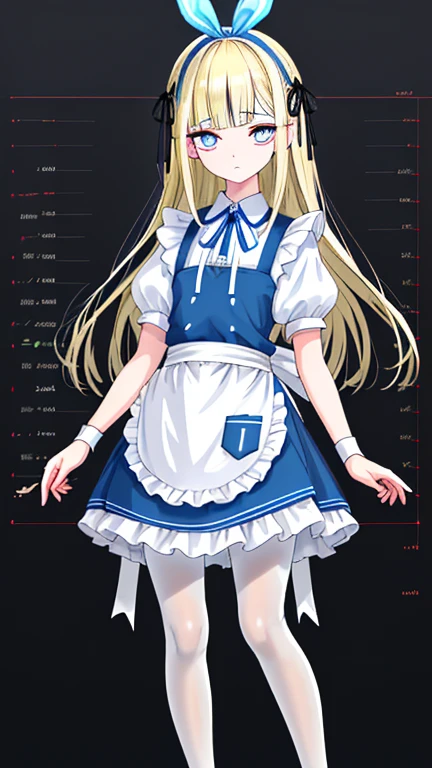 wearing white apron on light blue short skirt dress, wearing light blue short skirt dress,""wearing ribbon like black bunny ear"", "Bunny ear ribbon" is generally refers to ribbons or decorations that resemble bunny ears, and are especially popular as character and fashion items. wearing loafers, wearing white tights, sky bule eyes, blonde hair, crossed bangs, long hair, mole under eye, mismatched pupils, sleepy, expressionless, anime, anime style, move chart, UHD, retina, masterpiece, accurate, anatomically correct, super detail, high details, high quality, best quality, highres, 1080P, 16k, HD