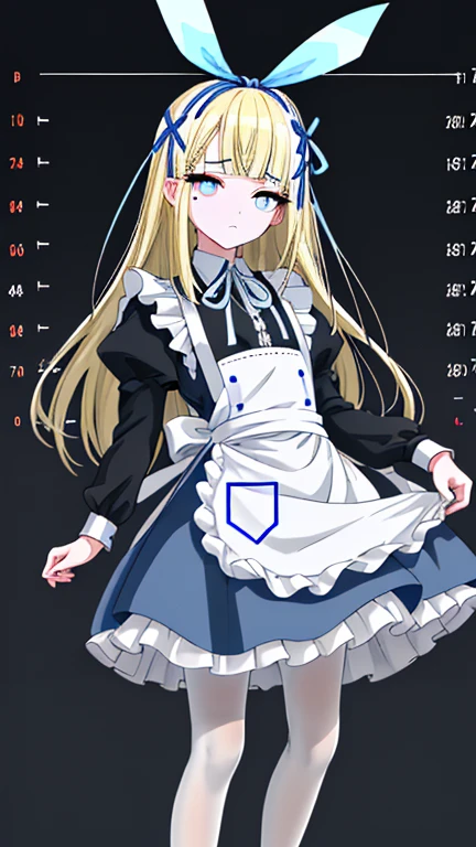 wearing white apron on light blue short skirt dress, wearing light blue short skirt dress,""wearing ribbon like black bunny ear"", "Bunny ear ribbon" is generally refers to ribbons or decorations that resemble bunny ears, and are especially popular as character and fashion items. wearing loafers, wearing white tights, sky bule eyes, blonde hair, crossed bangs, long hair, mole under eye, mismatched pupils, sleepy, expressionless, anime, anime style, move chart, UHD, retina, masterpiece, accurate, anatomically correct, super detail, high details, high quality, best quality, highres, 1080P, 16k, HD