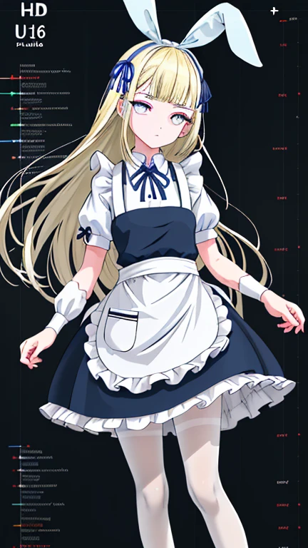 wearing white apron on light blue short skirt dress, wearing light blue short skirt dress,""wearing ribbon like black bunny ear"", "Bunny ear ribbon" is generally refers to ribbons or decorations that resemble bunny ears, and are especially popular as character and fashion items. wearing loafers, wearing white tights, sky bule eyes, blonde hair, crossed bangs, long hair, mole under eye, mismatched pupils, sleepy, expressionless, anime, anime style, move chart, UHD, retina, masterpiece, accurate, anatomically correct, super detail, high details, high quality, best quality, highres, 1080P, 16k, HD