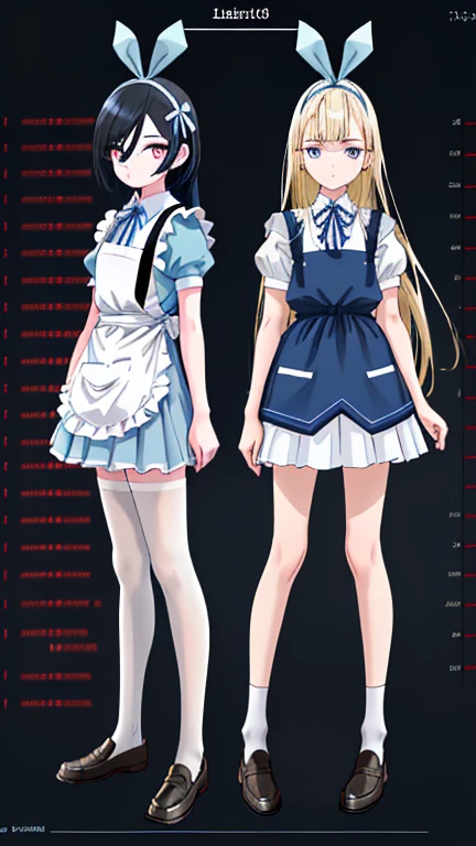 wearing white apron on light blue short skirt dress, wearing light blue short skirt dress,""wearing ribbon like black bunny ear"", "Bunny ear ribbon" is generally refers to ribbons or decorations that resemble bunny ears, and are especially popular as character and fashion items. wearing loafers, wearing white tights, sky bule eyes, blonde hair, crossed bangs, long hair, mole under eye, mismatched pupils, sleepy, expressionless, anime, anime style, move chart, UHD, retina, masterpiece, accurate, anatomically correct, super detail, high details, high quality, best quality, highres, 1080P, 16k, HD