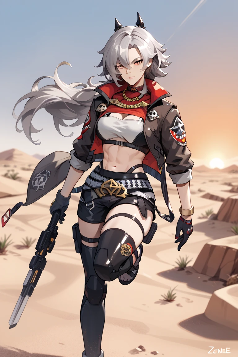 Caesar King (Zenless Zone Zero), medium long hair, gray hair, orange eyes, black gloves, desert, sunset

