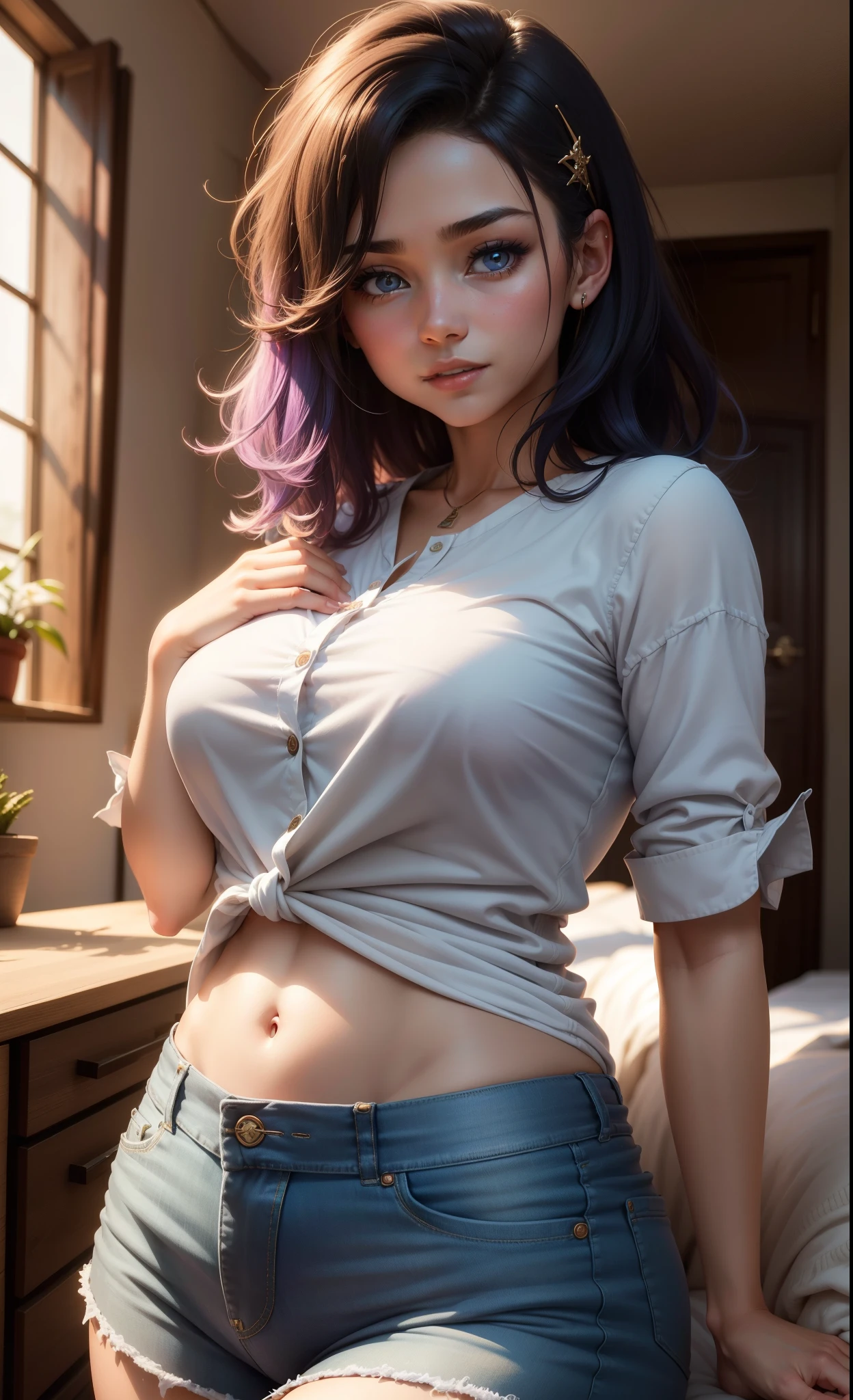 (best quality,ultra-detailed,photo-realistic:1.37),bright and vibrant colors,studio lighting,playful expression,stylish makeup, denim short,hair flowing in the wind,alluring eyes,glossy lips,sexy pose, smiling in a confident and seductive way,posing for a professional photoshoot,shallow depth of field,highlighting the main subject,soft natural lighting,creating a dreamy and magical atmosphere.
