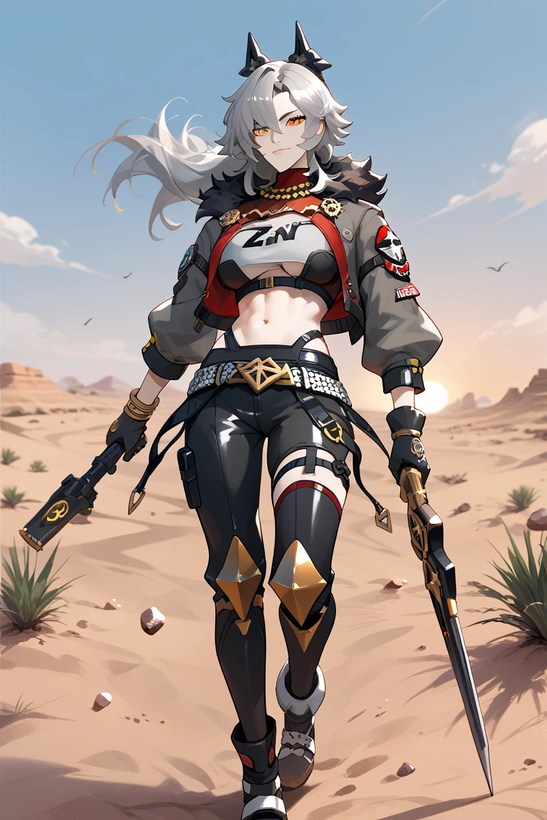 Caesar King (Zenless Zone Zero), medium long hair, gray hair, orange eyes, black gloves, desert, sunset

