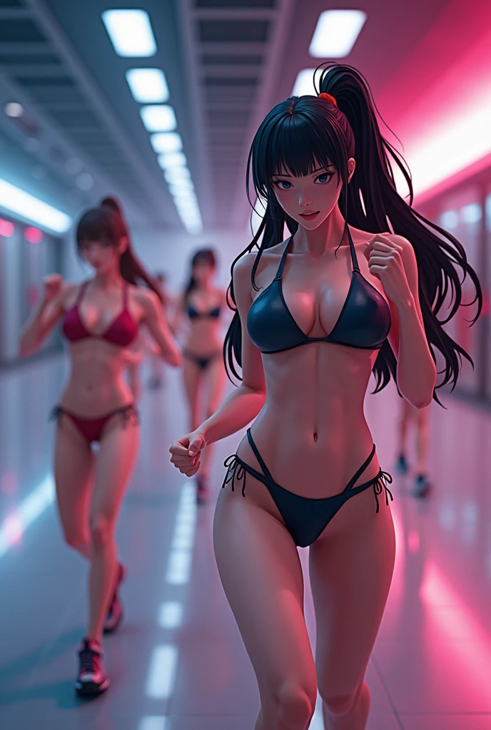 ((Masterpiece, highres)), ((thousands of, crowd of)), girls, group, clones, (( brown haired girls, blonde girls)), long hair, curly hair, matching hairstyles, different hair color, confident, elegant, rich girls, emotionless, arms at sides, straight backs, (((matching outfits, identical outfits, pink bikinis))), standing at attention, shoulder to shoulder, same pose, sisters in neat rows, many rows, crowd shot